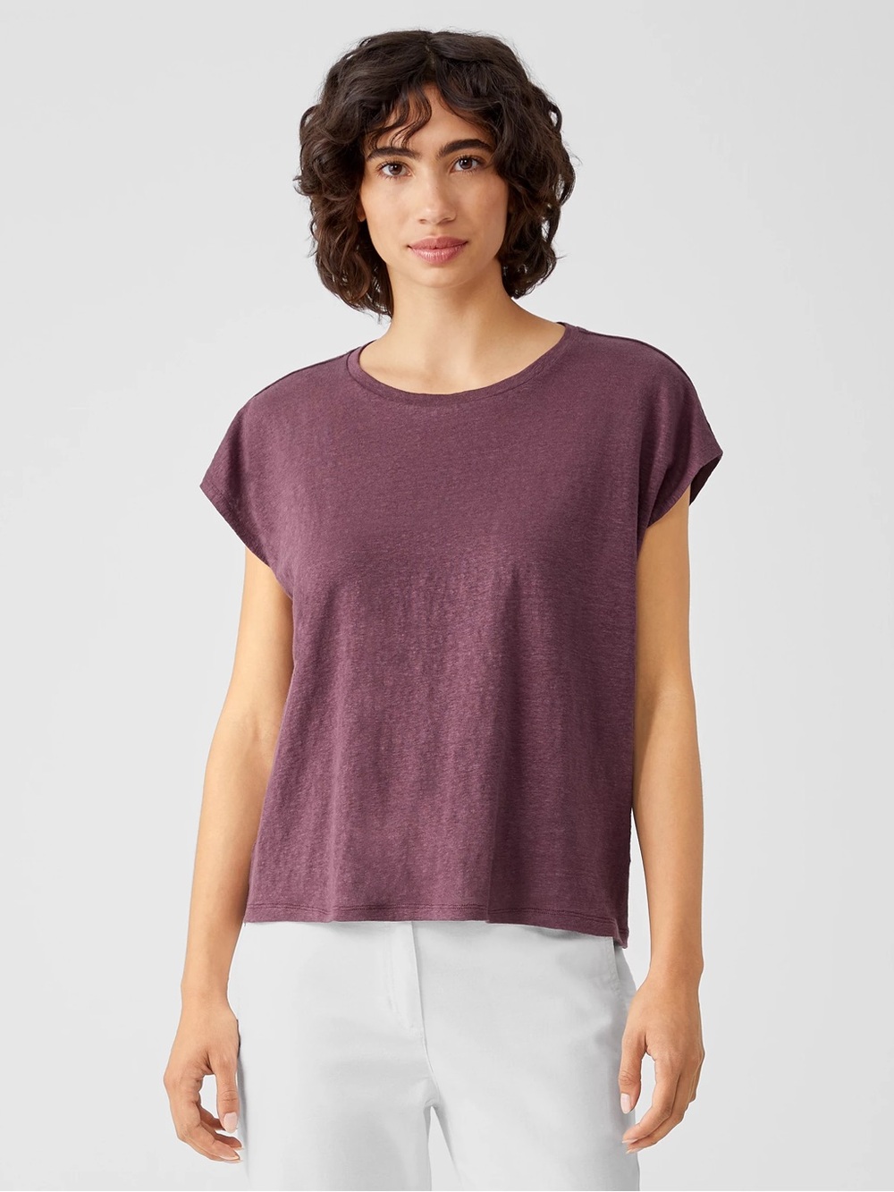 EILEEN FISHER • Organic Linen Jersey Square Top plum purple Large short sleeve
